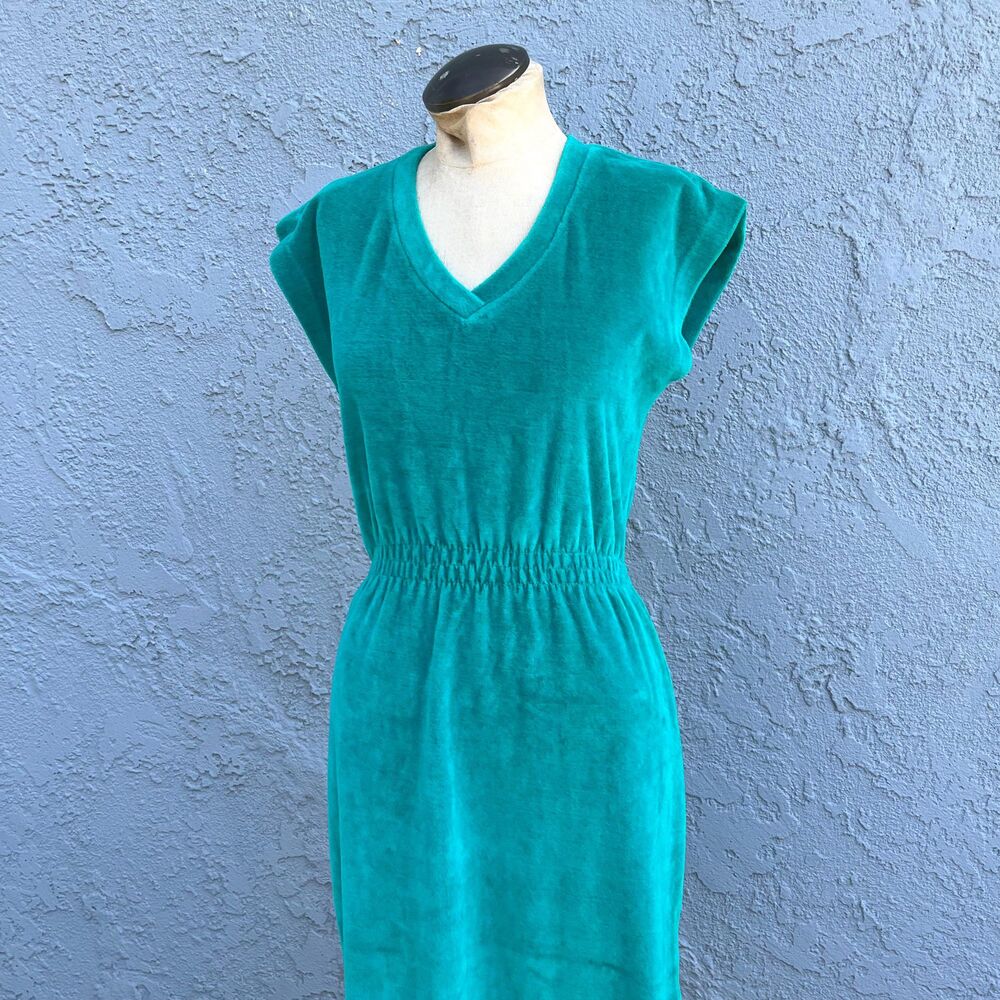 Vintage 80s Velour Dress in Teal Womens small 1980s beach fashion